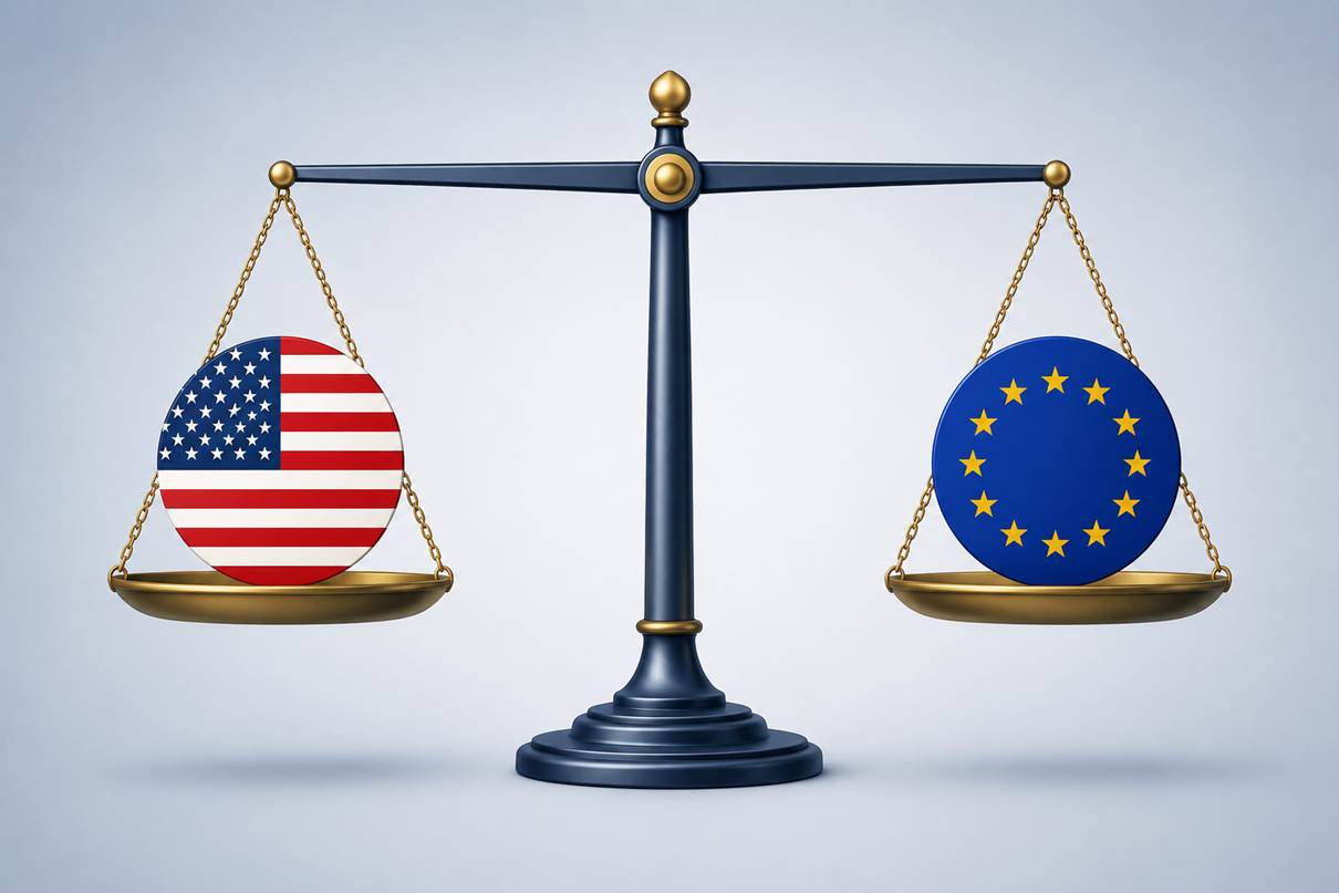 The image depicts a scale with an American dollar coin on one side and a Euro coin on the other, symbolizing economic comparison.

Le contenu généré par l’IA peut être incorrect.