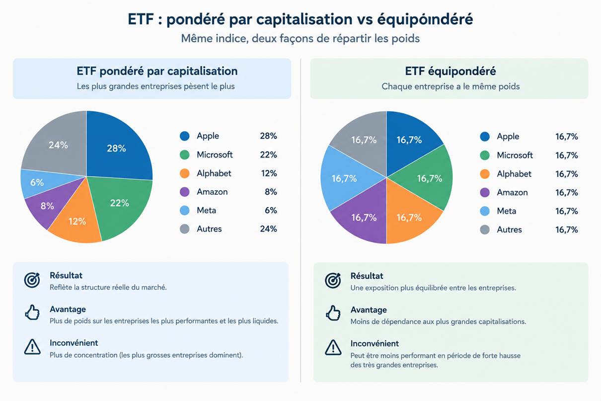 The image is a pie chart comparing the weight distribution of different tech companies in an ETF, showing that Apple and Microsoft have a higher market capitalization, while Amazon and Meta have less, and others have an even distribution.

Le contenu généré par l’IA peut être incorrect.